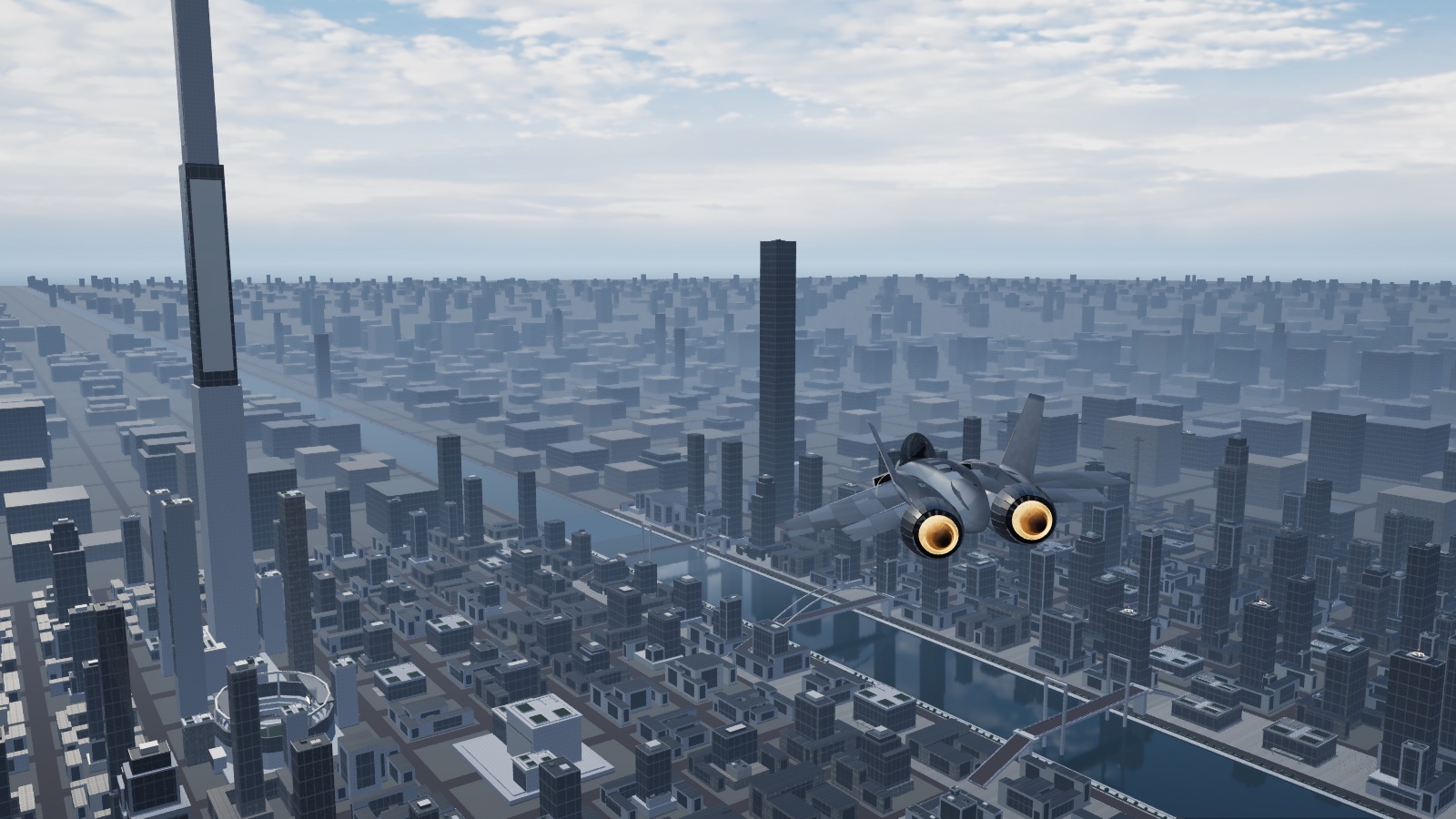 A silver jet above a dense city, with the river and bridges reflecting daylight